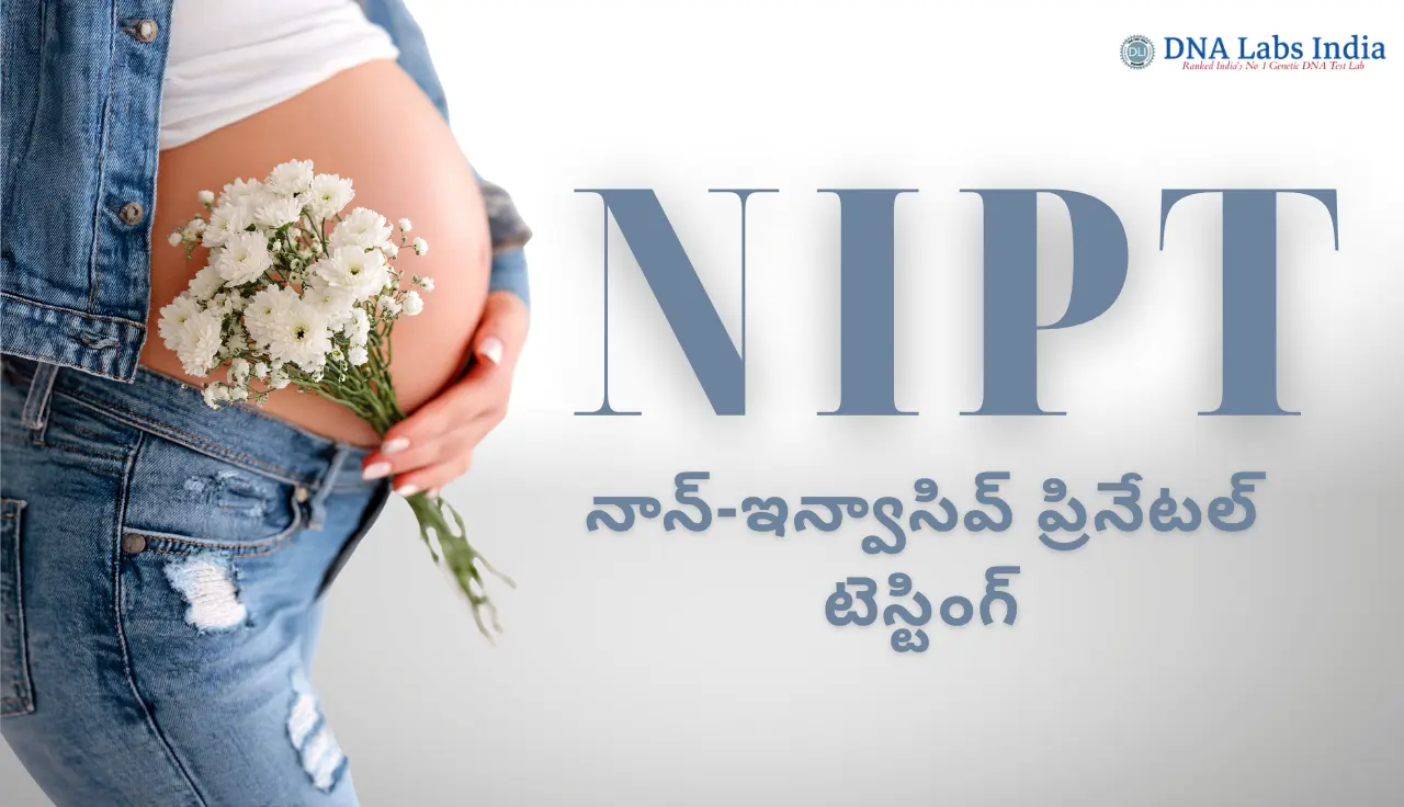 పూల బొకే పట్టుకున్న గర్భిణీ మహిళ బేబీ బంప్తో NIPT నాన్-ఇన్వాసివ్ ప్రీనేటల్ టెస్టింగ్ను సూచించే చిత్రం.