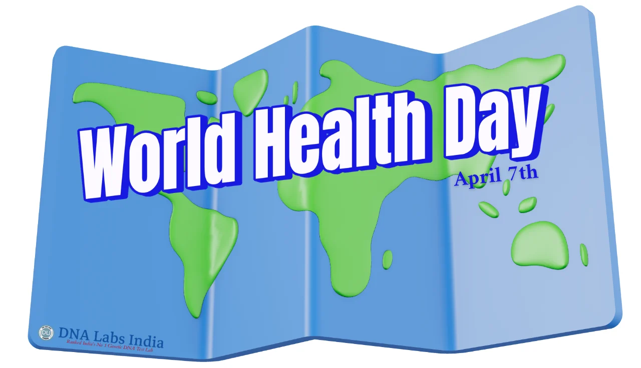 World Health Day April 7 illustration with global map and DNA Labs India branding
