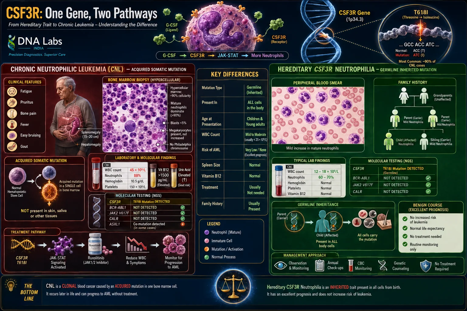 Medical illustration comparing Chronic Neutrophilic Leukemia (acquired CSF3R mutation in blood cells only) with Hereditary CSF3R Neutrophilia (inherited mutation in all body cells), showing clinical features, family pedigree, diagnosis, and treatment pathways.