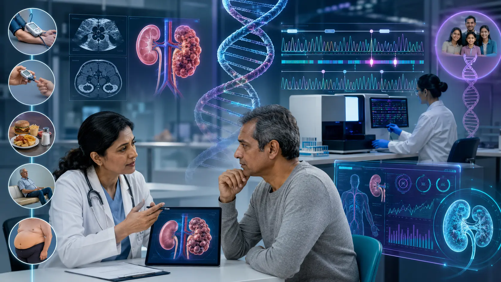 Medical illustration showing genetic and lifestyle risk factors associated with chronic kidney disease, including PKD1 and polycystic kidney disease.