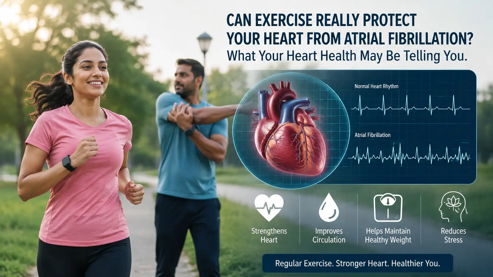 Woman jogging in a park with a medical illustration of the heart and ECG rhythms showing normal heart rhythm and atrial fibrillation.