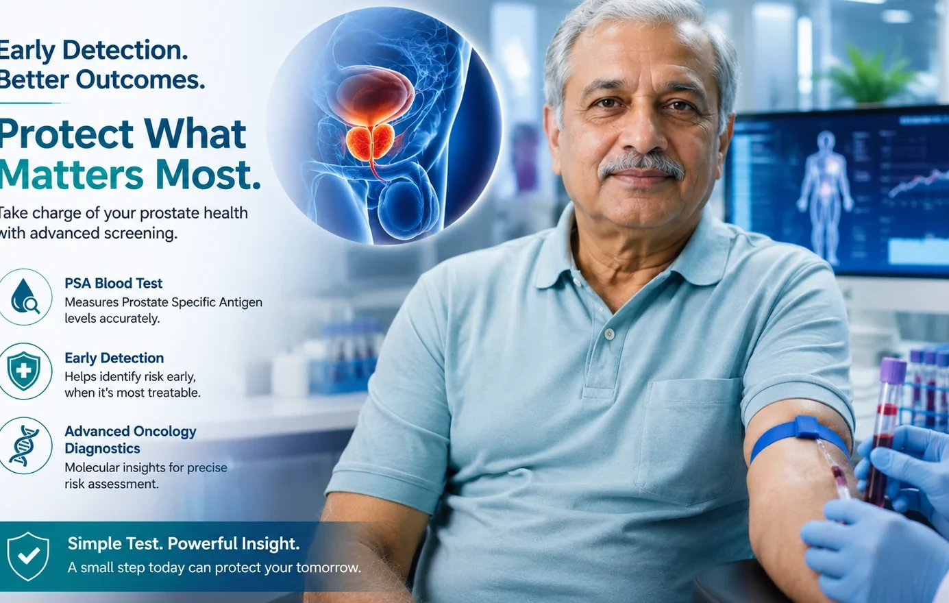 OncoPro Prostate Cancer Screen Test featuring an older man in a modern diagnostic laboratory with prostate anatomy visualization and blood sample testing.